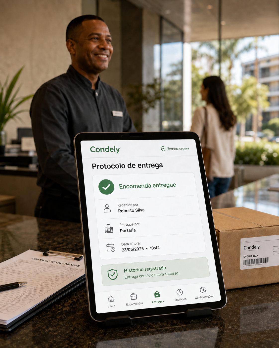 Tablet sobre uma mesa do atendimento da portaria mostra o registro histórico de uma encomenda.