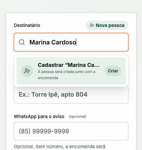 Tela mostra cadastramento de pessoas junto ao cadastro de nova encomenda.